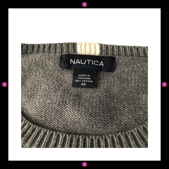 MEN'S GRAY SWEATER WITH THIN NAVY BLUE STRIPE BY NAUTICA MEDIUM - Picture 3 of 8